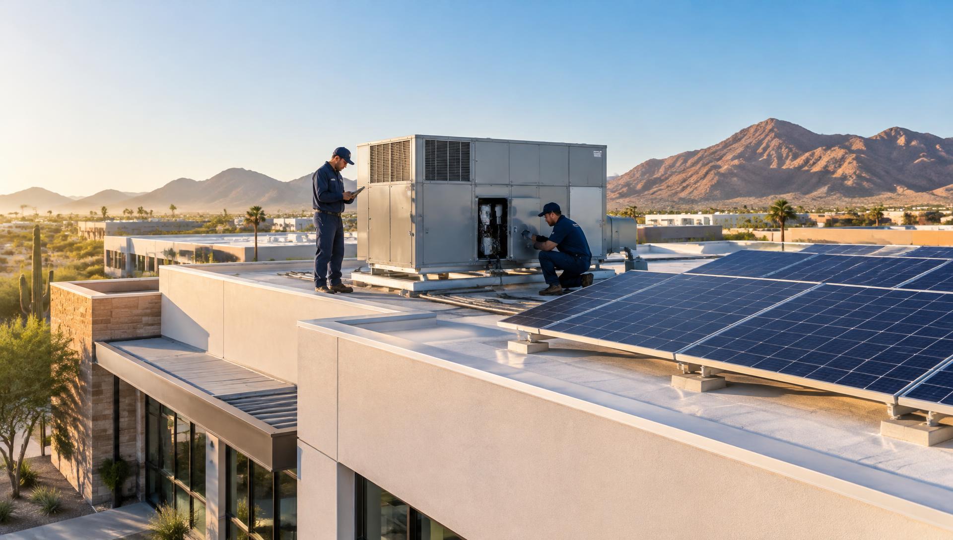 Técnicos trabajando con climatización y paneles solares en Sonora
