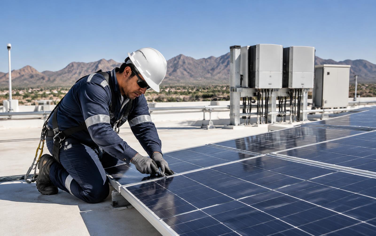 Técnico inspeccionando paneles solares en una azotea de Sonora