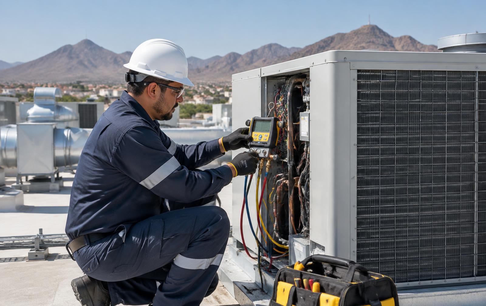 Técnico revisando una unidad de aire acondicionado en Sonora